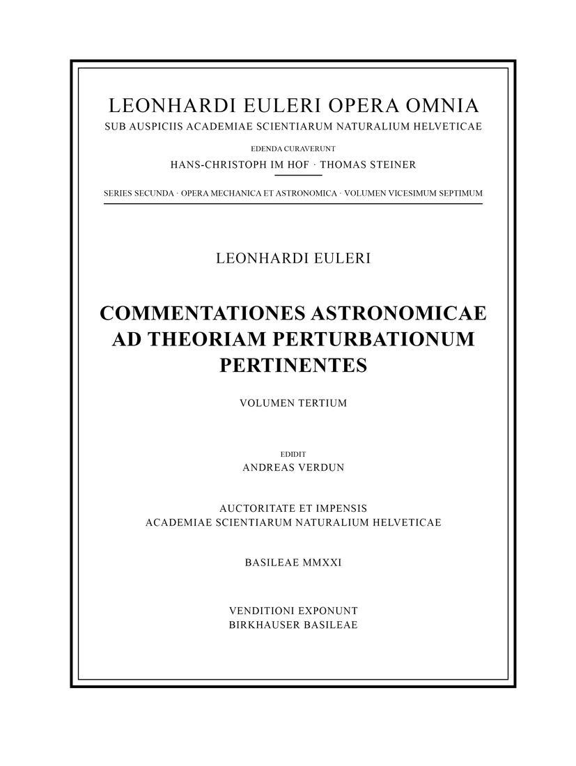 Commentationes astronomicae ad theoriam perturbationum pertinentes 3rd part