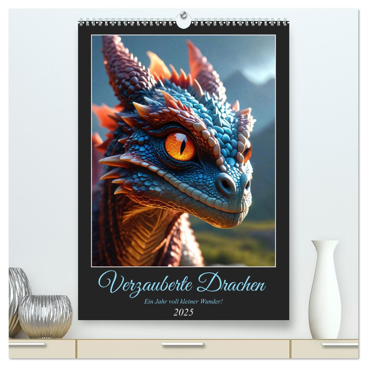 Verzauberte Drachen: Ein Jahr voll kleiner Wunder! (hochwertiger Premium Wandkalender 2025 DIN A2 hoch), Kunstdruck in Hochglanz