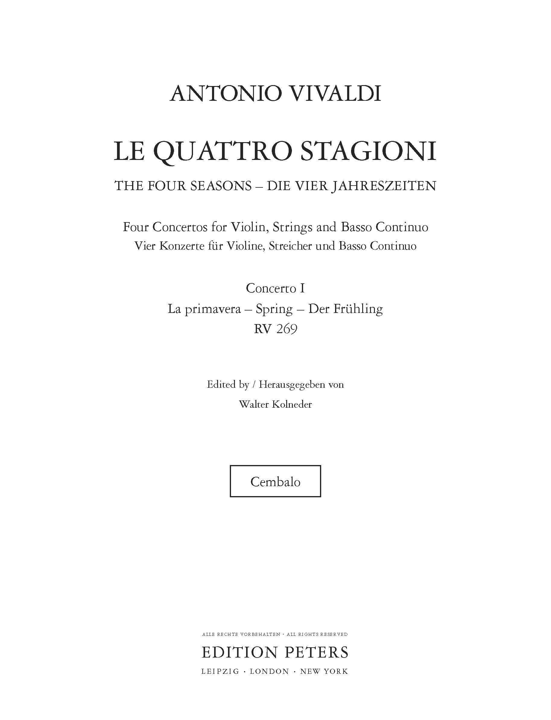 Four Seasons, Concerti Op. 8 Spring RV269 : No. 1 in E RV269 (Harpsichord Part)