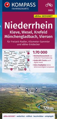 KOMPASS Fahrradkarte 3323 Niederrhein, Kleve, Wesel, Krefeld, Mönchengladbach, Viersen mit Knotenpunkten 1:70.000