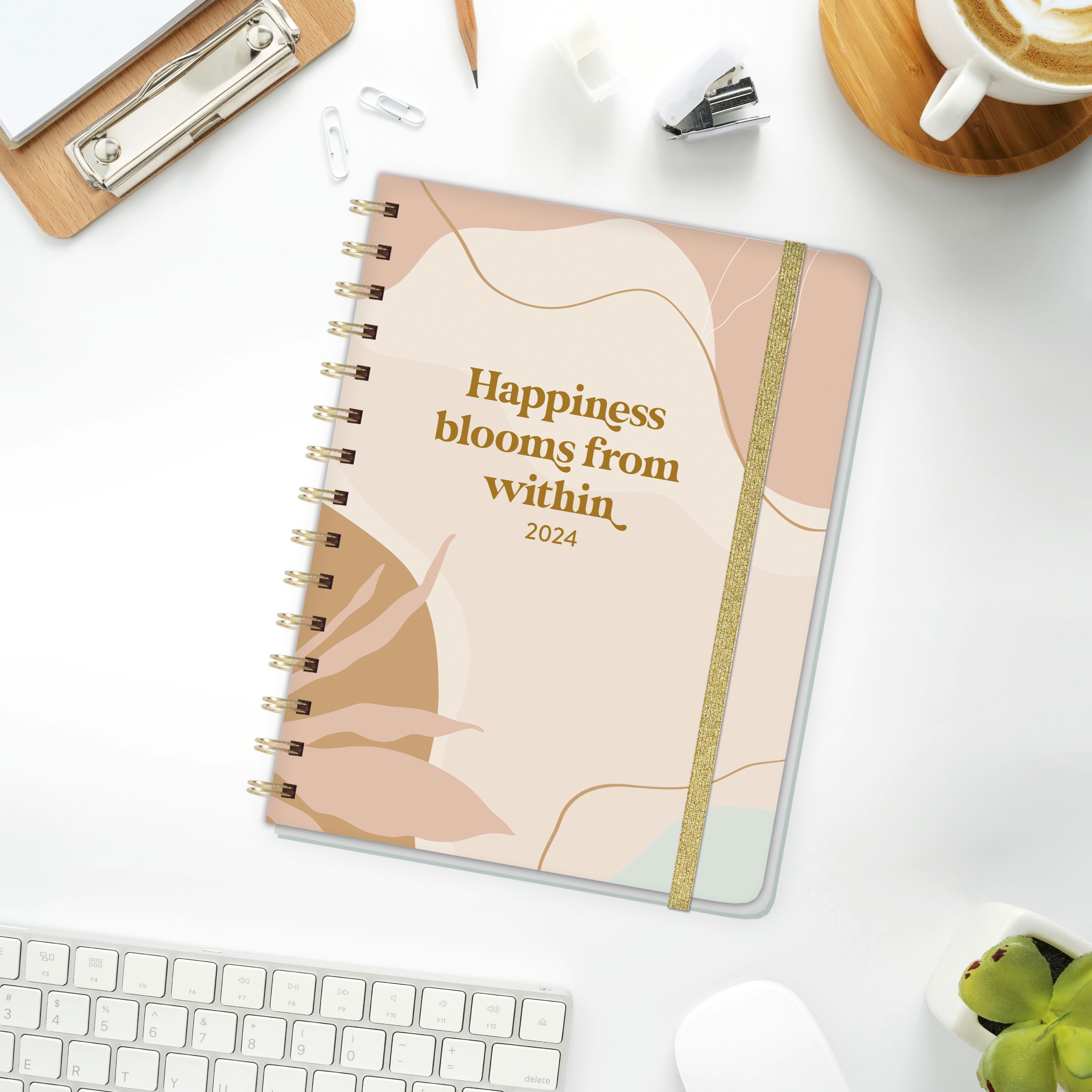 Happiness blooms from within Spiral-Kalenderbuch A5. Taschenkalender 2024 mit Spiralbindung und viel Platz für Termine. Praktischer Buch-Kalender. Mit Gummiband und Stickerbögen.