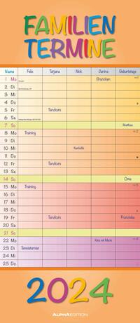Alpha Edition Regenbogen Familienplaner 2024, im Format 19,5 x 45 cm, Familienkalender mit 5 Spalten