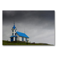 Premium Textil-Leinwand 90 x 60 cm Quer-Format Blau wie der Himmel. Die Kirche von Stödvarfjördur, Island | Wandbild, HD-Bild auf Keilrahmen, Fertigbild auf hochwertigem Vlies, Leinwanddruck von Klaus Gerken