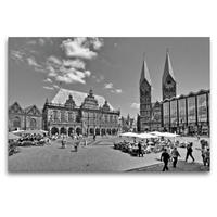 Premium Textil-Leinwand 120 x 80 cm Quer-Format Der Marktplatz ist die "Gute Stube" in Bremen. Im Hintergrund das Rathaus und der St. Petri Dom | Wandbild, HD-Bild auf Keilrahmen, Fertigbild auf hochwertigem Vlies, Leinwanddruck von Paul Michalzik