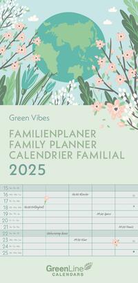 GreenLine - Green Vibes 2025 Familienplaner, 22x45cm, Familienkalender mit effizienter Monatsaufteilung in 5 Spalten, für Familienorganisation, Schulferien und Stundenpläne, mit Spiralbindung