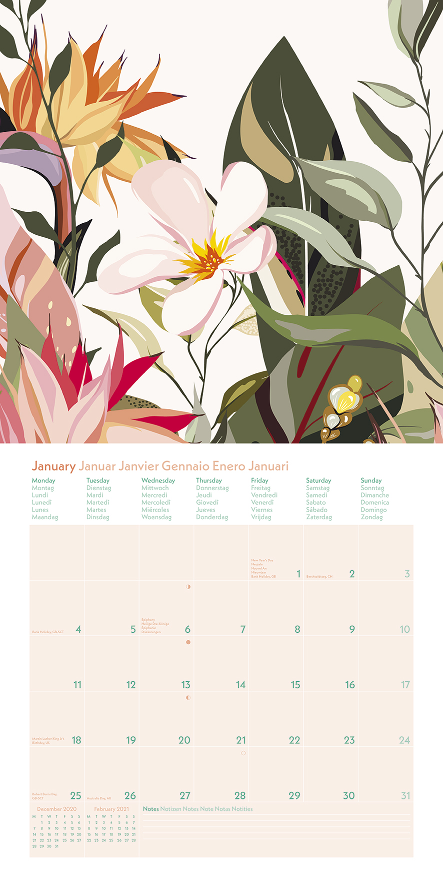 GreenLine Floral 2021 - Wand-Kalender - Broschüren-Kalender - 30x30 - 30x60 geöffnet - Blume