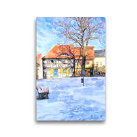 Premium Textil-Leinwand 30 x 45 cm Hoch-Format Fachwerkhäuser am Kirchplatz in Rathenow. Winter. | Wandbild, HD-Bild auf Keilrahmen, Fertigbild auf hochwertigem Vlies, Leinwanddruck von Anja Frost