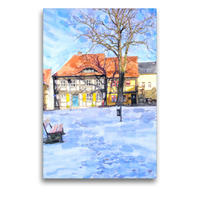 Premium Textil-Leinwand 50 x 75 cm Hoch-Format Fachwerkhäuser am Kirchplatz in Rathenow. Winter. | Wandbild, HD-Bild auf Keilrahmen, Fertigbild auf hochwertigem Vlies, Leinwanddruck von Anja Frost