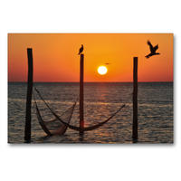 Premium Textil-Leinwand 90 x 60 cm Quer-Format Perfekter Sonnenuntergang mit Hängematten und Vögeln am Meer | Wandbild, HD-Bild auf Keilrahmen, Fertigbild auf hochwertigem Vlies, Leinwanddruck von Frank Hornecker