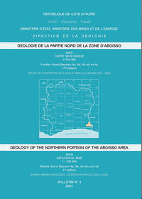 Géologie de la partie nord de la zone d'Aboisso avec Carte Géologique de Côte d'Ivoire 1/100 000. Geology of the northern portion of the Aboisso area with Geological Map 1:100 000