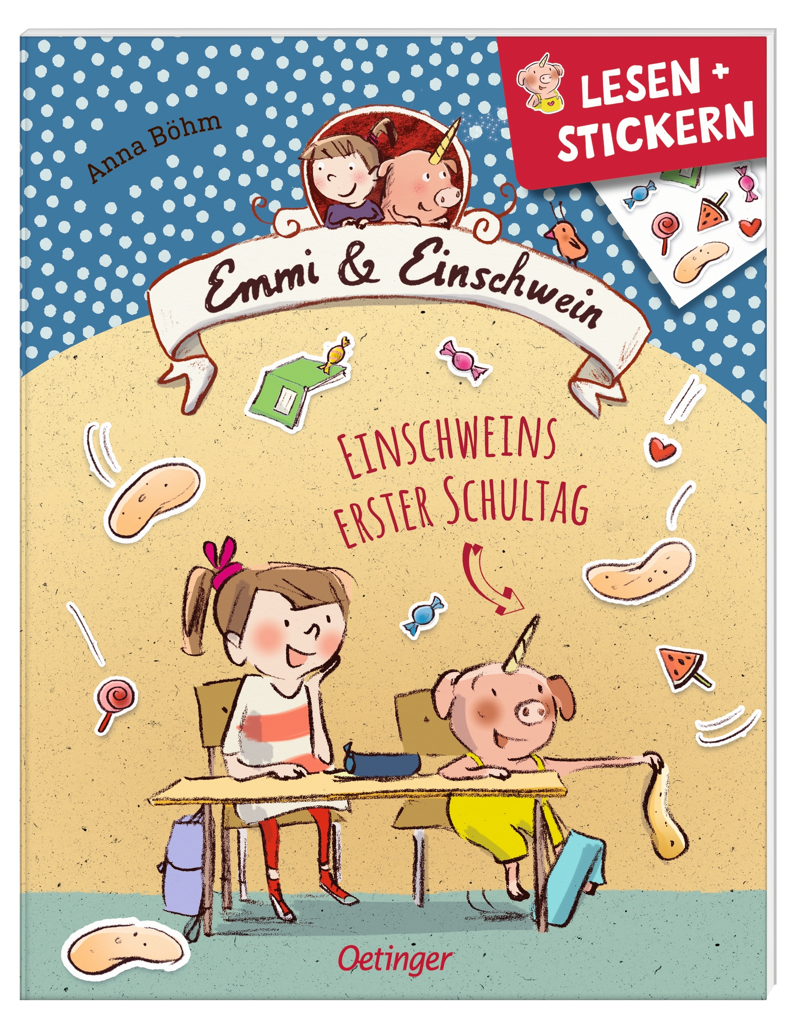 Lesen + Stickern. Einschweins erster Schultag