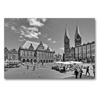 Premium Textil-Leinwand 90 x 60 cm Quer-Format Der Marktplatz ist die "Gute Stube" in Bremen. Im Hintergrund das Rathaus und der St. Petri Dom | Wandbild, HD-Bild auf Keilrahmen, Fertigbild auf hochwertigem Vlies, Leinwanddruck von Paul Michalzik