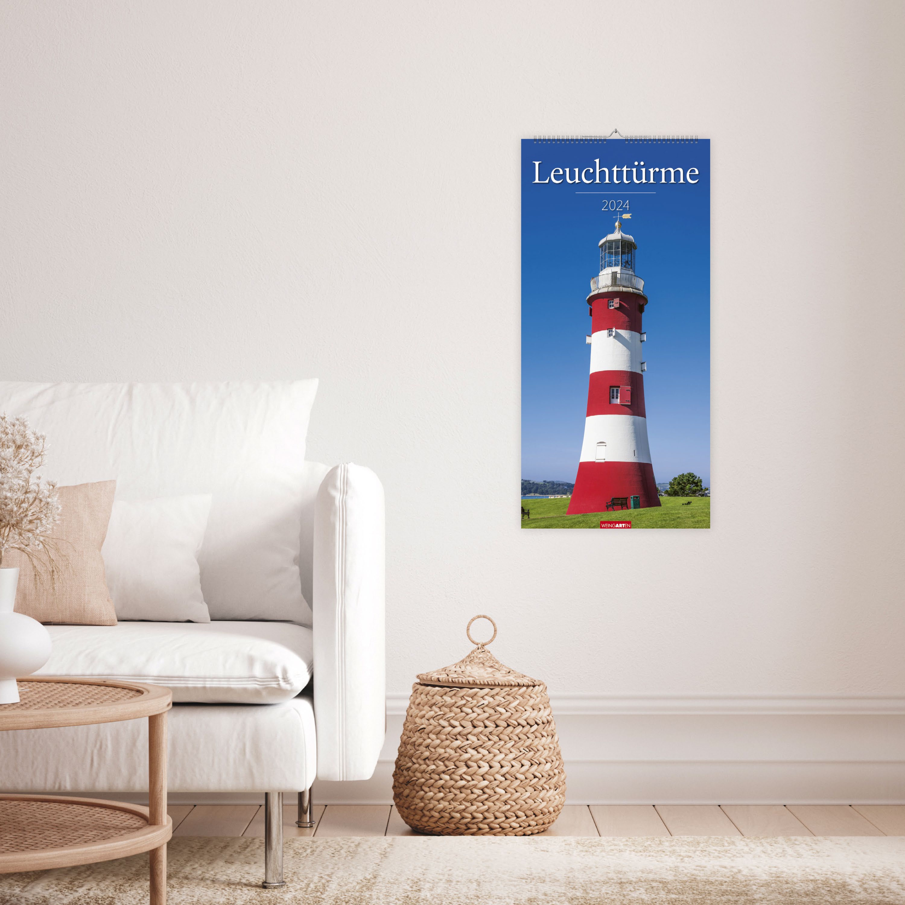 Leuchttürme Kalender 2024. Langer Bild-Kalender mit 12 spektakulären Fotos. Wandkalender XL 2024. Vertikaler Kalender mit atemberaubenden Leuchtturm-Fotografien. 33x68 cm.